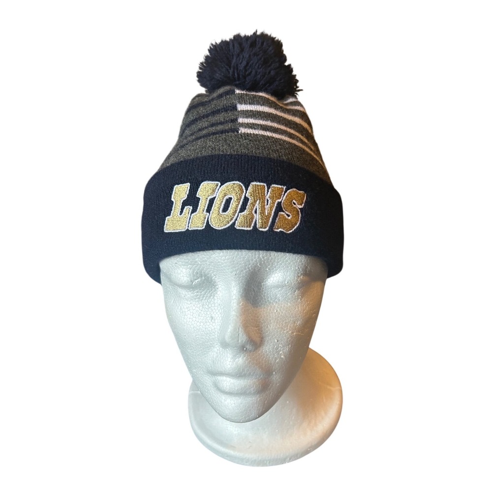 Detroit Lions Knit Beanie Hat Pom Pom Navy Gold‎ NFL Winter Size fits up to 22"@
